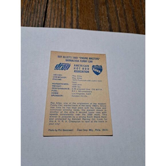 Vintage 1971 Ray Alley Engine Masters Barracuda Fleer Drag Champs Trading Cards - Picture 2 of 2